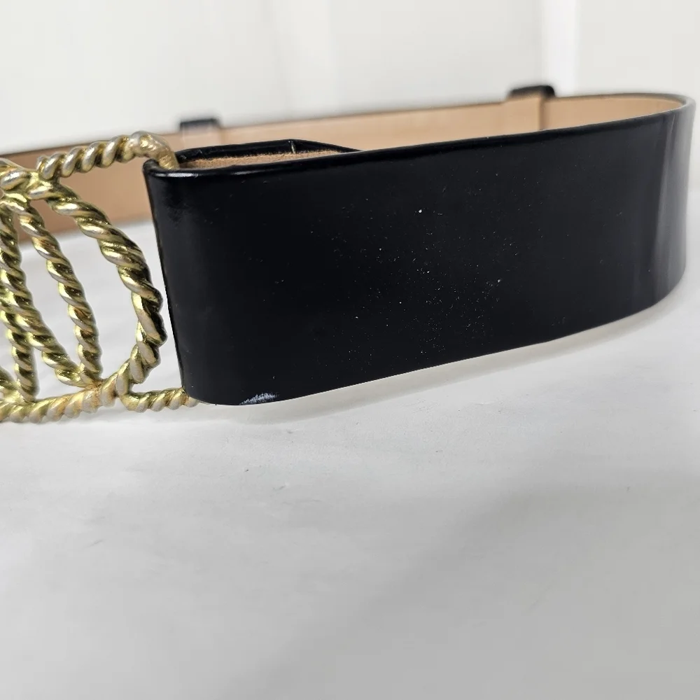 Vintage Imperial Belt Corporation Black Ornate Gold Roped Metal Buckle Belt